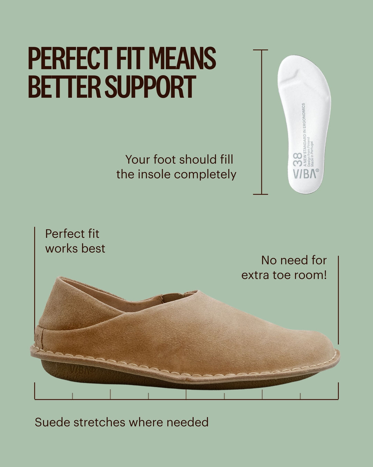 A sand-colored suede slip-on shoe with visible stitching sits below a white size 38 insole on a green fit guide.