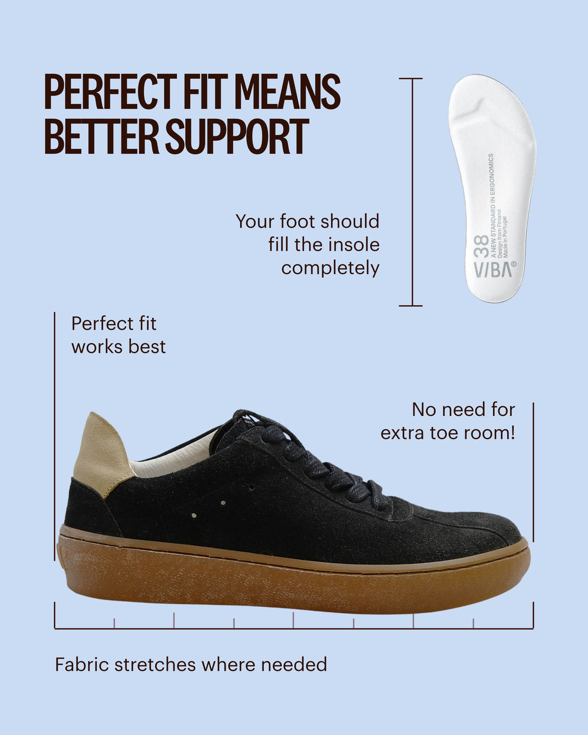 A black suede low-top sneaker with a tan heel patch and gum sole appears beside a white insole on a light blue fit guide.